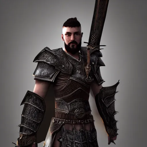 Image similar to stunning 3d render of a hyperrealistic fantasy warrior, male, highly detailed, cinematic