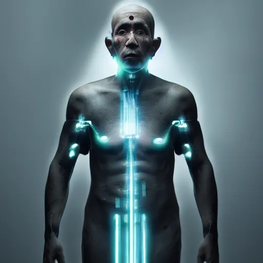 Image similar to Half cyborg half monk discovering enlightenment, dark atmosphere, 8k, cinematic lighting, symmetry, elegant, ornate, hyper realistic, zen