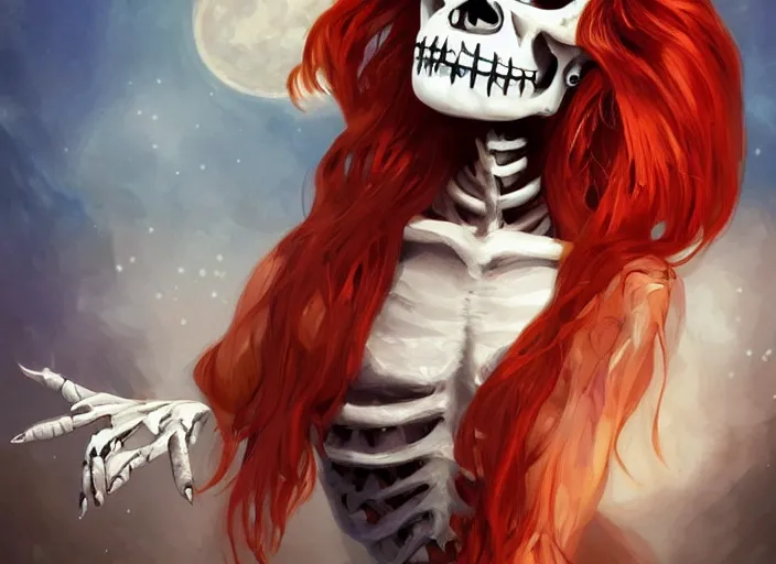 Prompt: cute & beautiful smug smiling mexican undead skeleton girl with red hair dressed as a witch, elegant, digital art, fantasy, pixar style, painting, pin up, highly detailed, artstation, art by artgerm, vrubel, boris vallejo and ilya kuvshinov