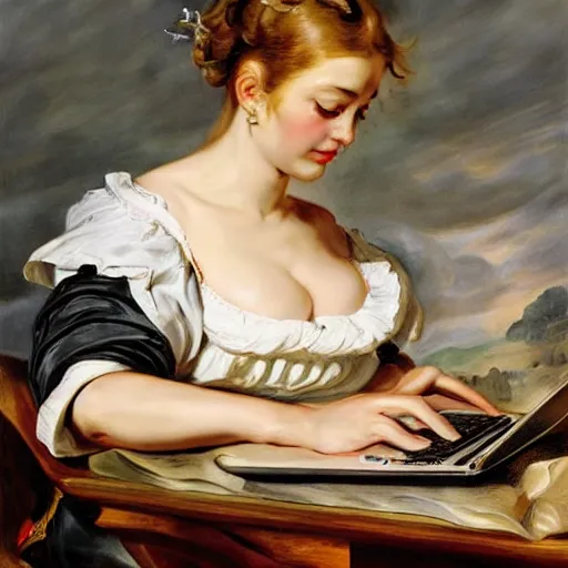 Image similar to heavenly summer sharp land sphere scallop well dressed lady working on her laptop, auslese, by peter paul rubens and eugene delacroix and karol bak, hyperrealism, digital illustration, fauvist