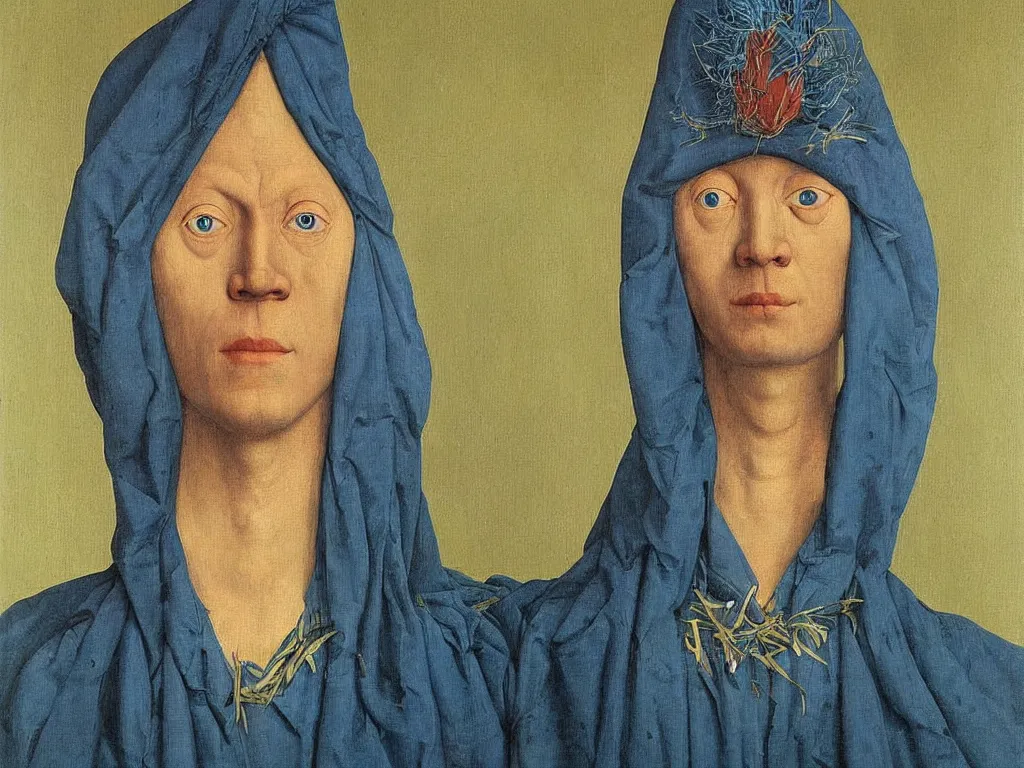 Image similar to Portrait of albino mystic with blue eyes, with beautiful simple Oceanian mask. Painting by Jan van Eyck, Audubon, Rene Magritte, Agnes Pelton, Max Ernst, Walton Ford