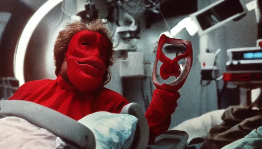Image similar to 70s movie still of a man with red mask and a spiral in the mouth in hospital, eastmancolor, heavy grain, high quality, higly detailed, liminal space
