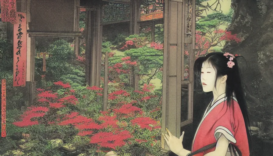 Image similar to noriyoshi ohrai painting of a beautiful girl in japan, looking out a window at a temple garden filled with yokai and spirits, uhd, high detail,