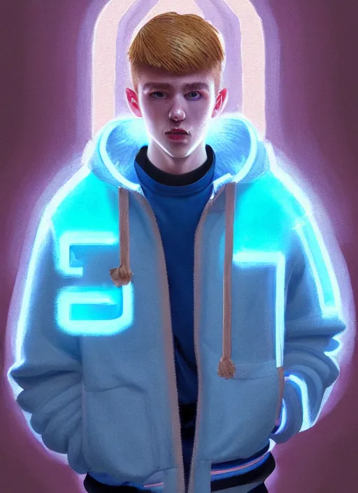 Image similar to portrait of high school senior boy named big moose, blonde short hair, jock, beefy, wide face, square jaw, square facial structure, blue varsity jacket with letter r, intricate, elegant, glowing lights, highly detailed, digital painting, artstation, concept art, sharp focus, illustration, art by wlop, mars ravelo and greg rutkowski