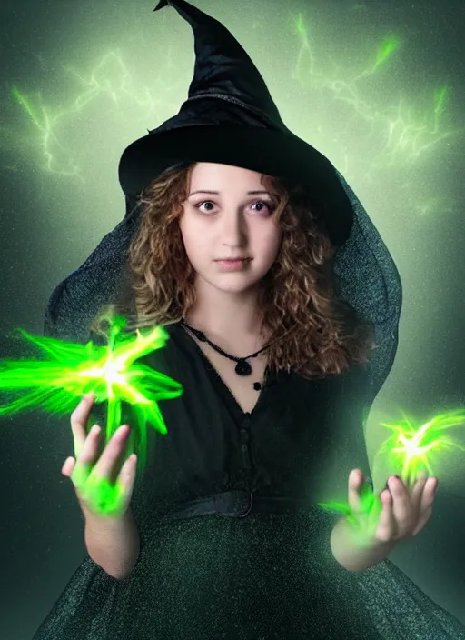Prompt: A beautiful young witch with glowing green eyes holds a ball lightning in her hands, realistic digital art, dramatic lighting