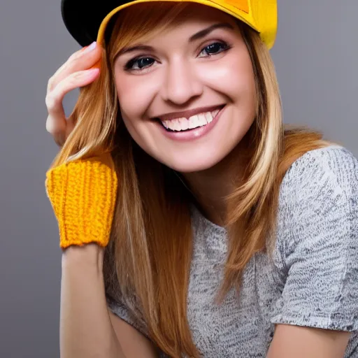 Prompt: very pretty portrait of a smiling 2 5 - year - old woman with 9 0 degree nails, medium yellow blond hair, character with an orange hat, hair comes out of the hat a little