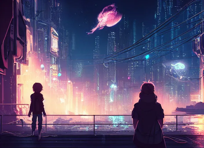 Image similar to girl staring at a meteorite hitting a floating cyberpunk city at night by wlop, key visual, high detail, digital art