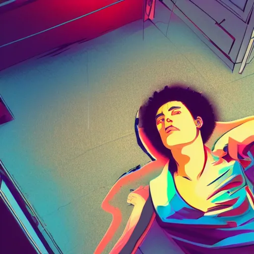 Prompt: aerial view photo of a guy laying on the floor of his bedroom looking at the camera, synthwave colors, computer, cell phone, video games, tv, knick knacks, faded effect, scribble anime, light, bright, no shadows, by moebius