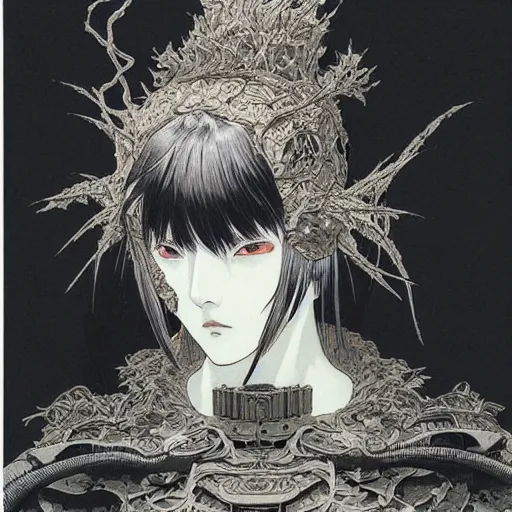 Image similar to prompt : black and white portrait soft light painted by takato yamamoto, enhanced armor, inspired by ghost in shell anime, smooth face feature, intricate oil painting, high detail, sharp high detail, manga and anime 1 9 8 0