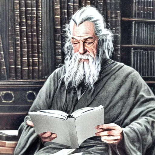 Prompt: Gandalf reading a book in the busy Library of Congress