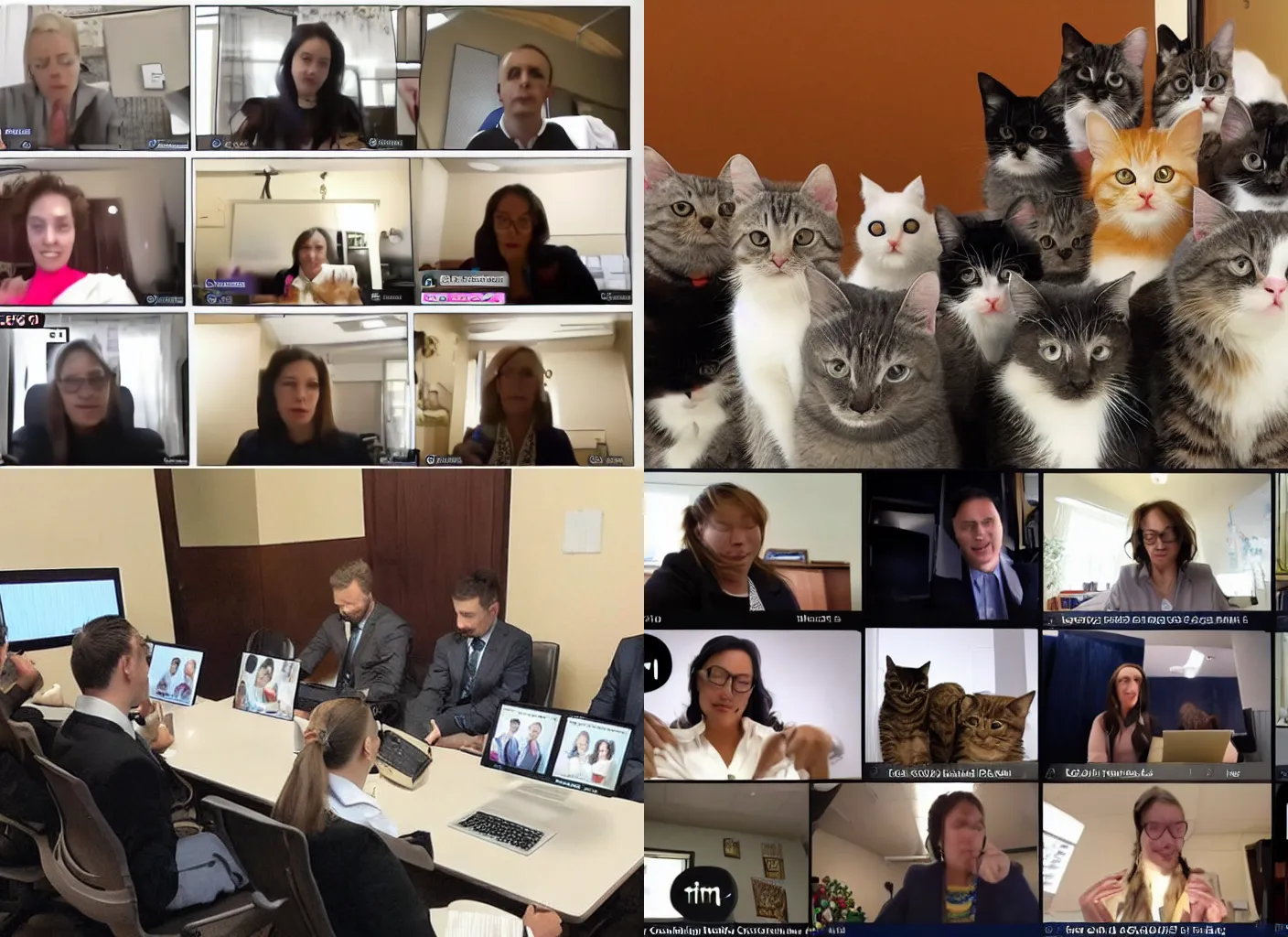 Prompt: business cats on Zoom holding a very important meeting about the amount of kibble received each night, video conference, cats, cats, cats, cats, cats, cats, cats