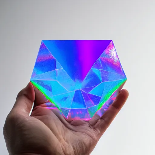 Prompt: a person holding a colorful object in their hand, a hologram by jeka kemp, polycount, crystal cubism, made of crystals, irridescent, holographic