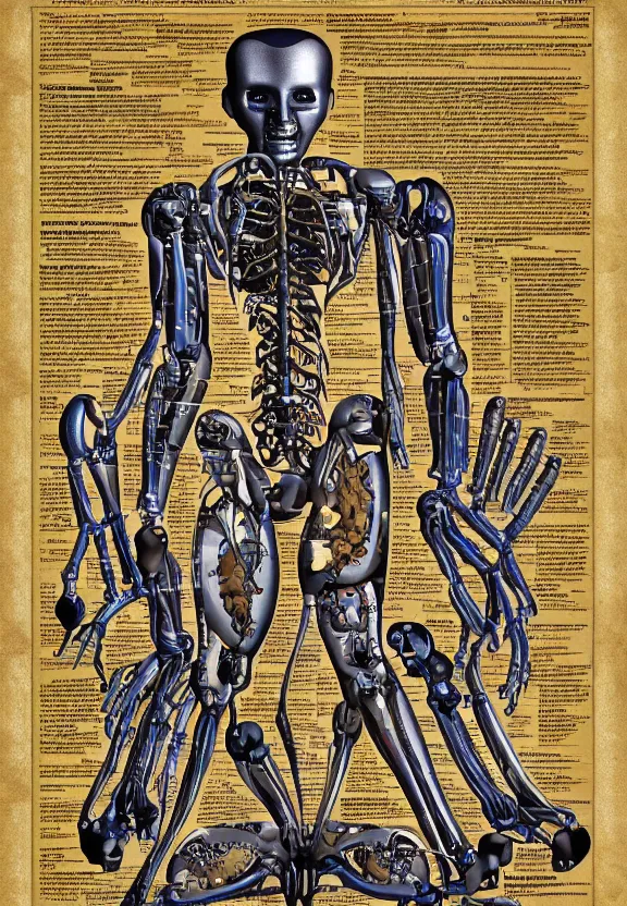 Prompt: highly detailed labeled medical anatomy poster of a robotic abomination, poster paper with notes, well - lit, ray tracing, detailed, mechanism, forbidden - knowledge, intricate details, gold and silver ink