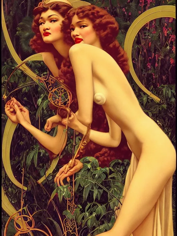 Image similar to Zendaya as the three graces, a beautiful art nouveau portrait by Gil Elvgren and Gerald Brom and Alberto Vargas and Bill Henson, Nile river water garden environment, centered composition, defined features, golden ratio, golden jewelry