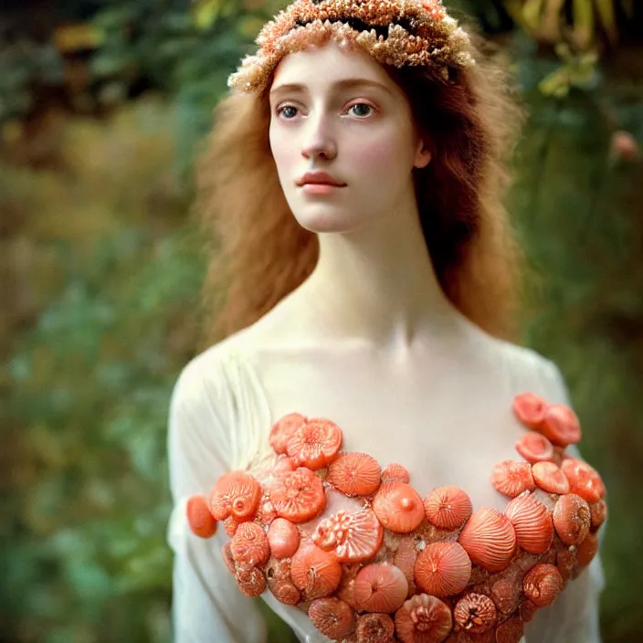Prompt: Kodak Portra 400, 8K, soft light, volumetric lighting, highly detailed, britt marling style 3/4 ,portrait photo of a beautiful woman how pre-Raphaelites painter, dressed in long elegant intricate ornamental ethereal coral and shells dress, natural skin tone, highly detailed realistic flowers ornament in the upper side of breast, bust with a long beautiful neck , long dark hair are intricate with highly detailed realistic coral and shells, elegant, Realistic, Refined, Highly Detailed, natural outdoor soft pastel lighting colors scheme, outdoor fine art photography, Hyper realistic, photo realistic