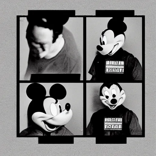 Prompt: mug shots photograph of mickey mouse being arrested, photorealistic