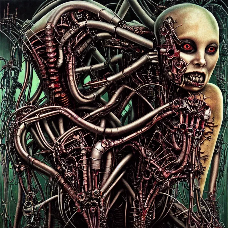 Prompt: album cover art of a woman, biopunk. zombies, toxic mutation, biomechanical, herman nitsch, giger. airbrush, high detail.
