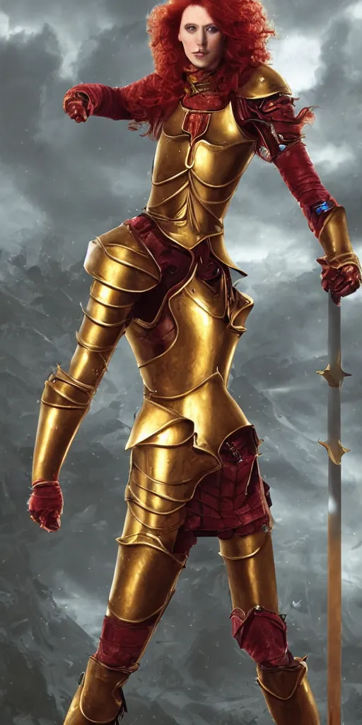 Image similar to a tall, red - haired female knight wearing golden armor and a right golden prosthetic arm, longer than her left arm. she wields a long golden blade