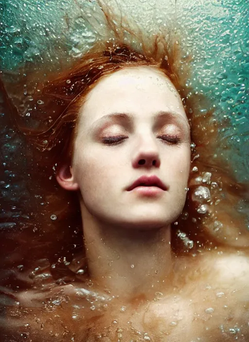 Image similar to Kodak Portra 400, 8K, soft light, volumetric lighting, highly detailed, britt marling style 3/4 by Martin Stranka , extreme Close-up portrait photography of a beautiful woman how pre-Raphaelites with her eyes closed,inspired by Ophelia by Martin Stranka, the face emerges from water of Pamukkale, underwater face, hair are intricate with highly detailed realistic beautiful brunches and flowers like crown, Realistic, Refined, Highly Detailed, soft blur background, outdoor soft pastel lighting colors scheme, outdoor fine art photography, Hyper realistic, photo realistic