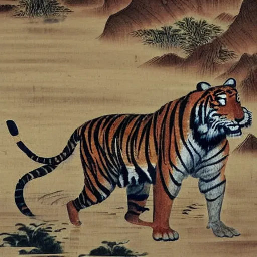 Image similar to a mighty tiger on a wood splashing water, Chinese Art