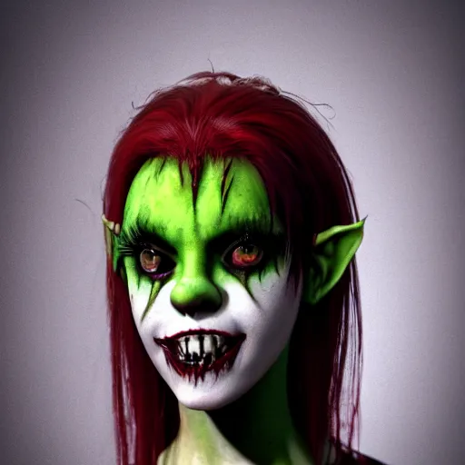 Image similar to alan lee portrait of fairuza balk as a realistic evil demon girl clown with deep dark eyes and lots of mascara and green hair and sharp wicked metal teeth and tattered elven ears very ugly creature by guillermo del toro redshift 3 d render, 1 1 aperture, 3 5 mm, canon 5 d