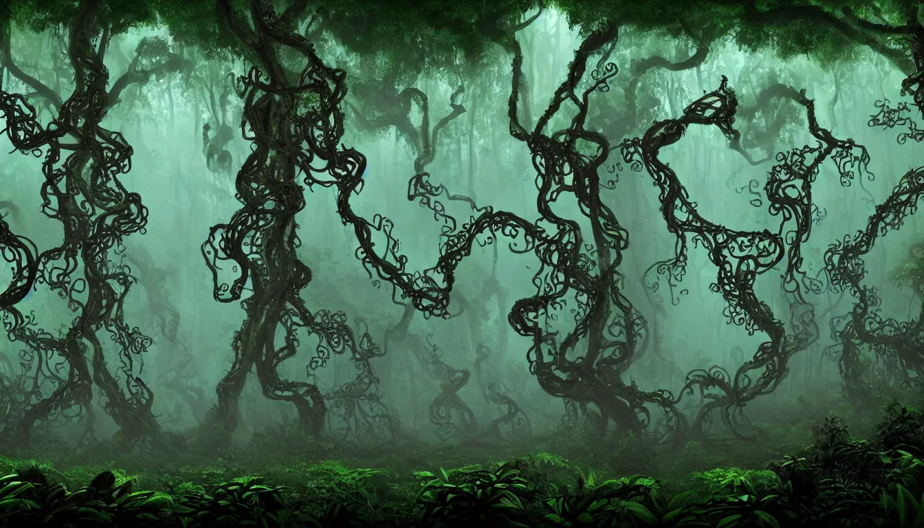 Image similar to eerie and dark deep mayan jungle forest realm biodiversity , side-scrolling 2d platformer game level, swirling clouds of magical fog through the trees, web of vines, ancient temple gigantic statue guardians in ruins in the background between the tree trunks, dramatic dusk sun illuminates areas, volumetric light , detailed entangled roots carpet the forest floor, rich color, upscale , 8k