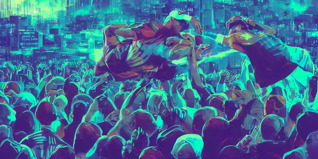 Image similar to rapper leaning over huge crowd reaching up to him, thunder and lightning, clouds, digital art, vapor wave, hip hop, trending on Artstation, professional artist, detailed, 4k