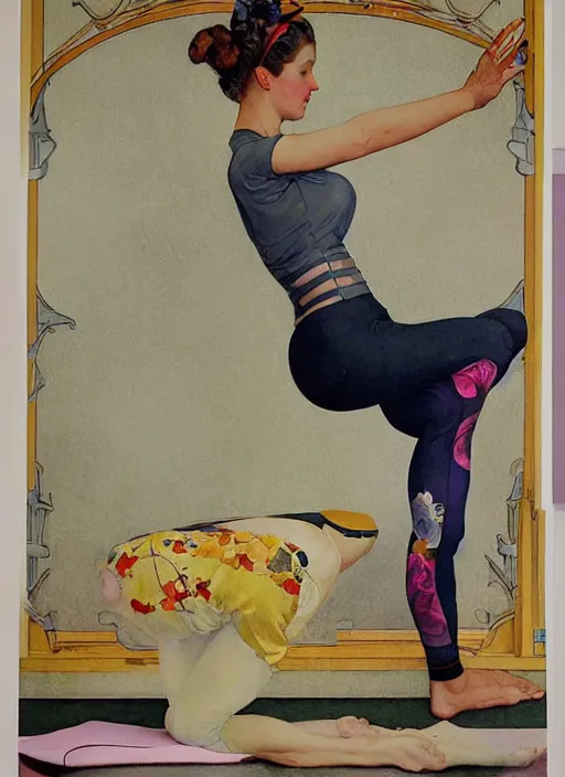 Prompt: an art nouveau painting poster of a girl doing yoga with a futuristic kimono and leggins by norman rockwell