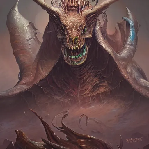Image similar to eldritch abomination, oil painting, cinematic, intricate complexity, rule of thirds, in the style of Adam Paquette, Svetlin Velinov, Daarken, Artgerm, Keith Thompson, and Eric Deschamps, face by Artgerm and WLOP, magic the gathering art, dragon character concept