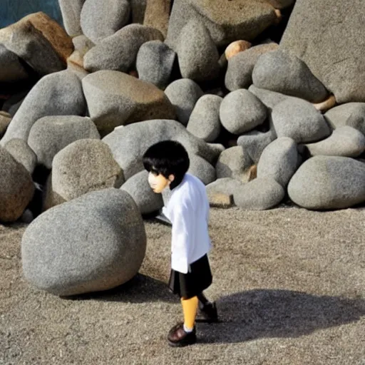 Image similar to a japanese school student that turning into rock stone