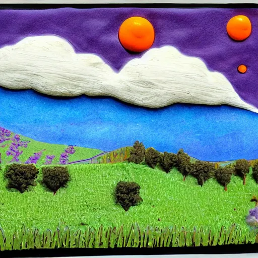 Prompt: rolling hills and a farm, appalachian folk art, mixed media, 3 d, detailed, award winning, blue, purple, red, orange, green