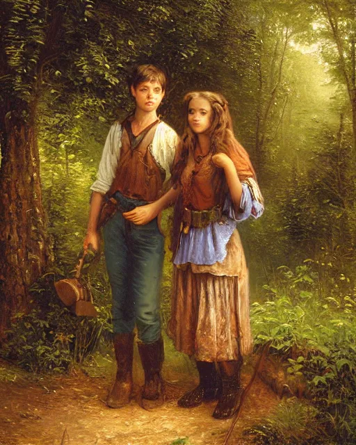 Image similar to an oil painting of a young, poor peasant brother and sister in the forest, by thomas kincade, ivan shiskin, and james gurney