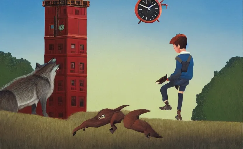 Prompt: a boy fighting a wolf on the edge of a clocktower, by oliver jeffers, gouche, print