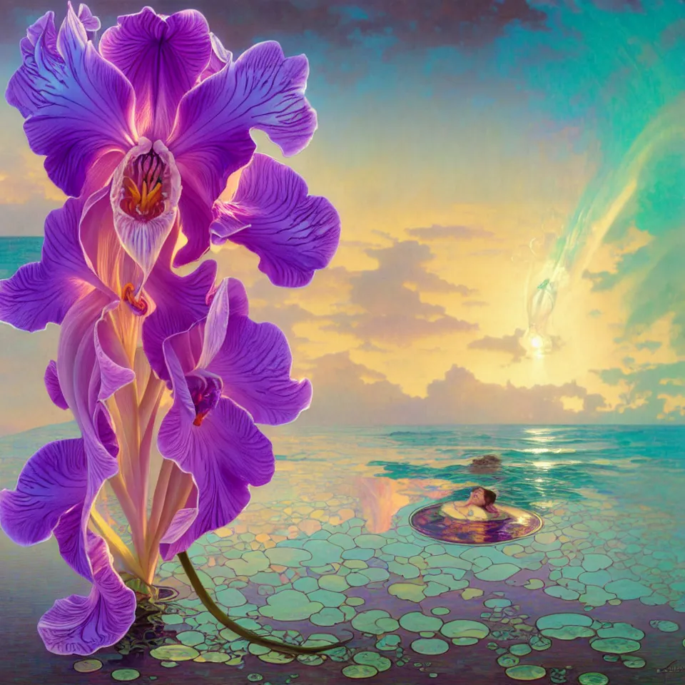 Image similar to detailed giant pastel holographic orchid iris hybrid flower surrounded by ocean waves, lsd water, lsd ripples, droplets, backlit, sunset, refracted lighting, art by collier, albert aublet, krenz cushart, artem demura, alphonse mucha