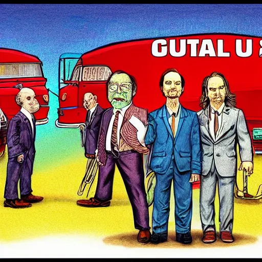 Image similar to The Artwork of R. Crumb and his Cheap Suit Saul-Goodman-Better-Call-Saul, pencil and colored marker artwork, trailer-trash lifestyle