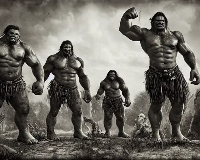 Image similar to hyper realistic group vintage photograph of a live action warcraft orc warrior tribe in the jungle, tall, hulk like physique, detailed faces, tribal paint, tribal armor, grain, old, monochrome, sepia toned, realistic lighting, wide angle