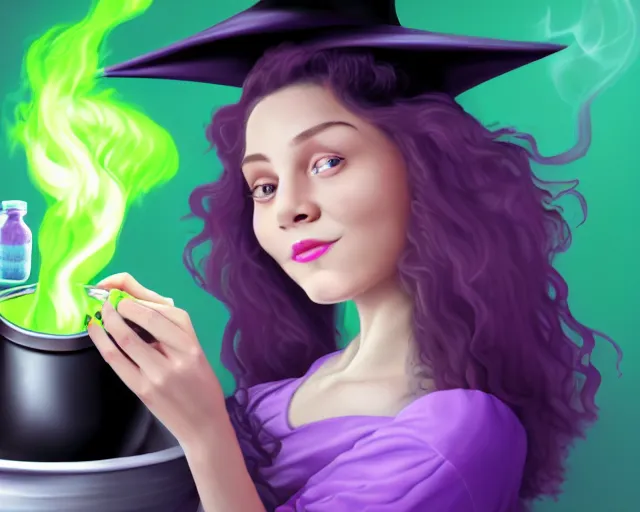 Image similar to close up portrait, happy teen witch and her cat mixing a spell in a cauldron, faint wispy green and purple smoke fills the air, a witch hat, cinematic, green glowing smoke is coming out of the cauldron, strange ingredients on the table, strange apothecary shelves in the background, scary stories to tell in the dark