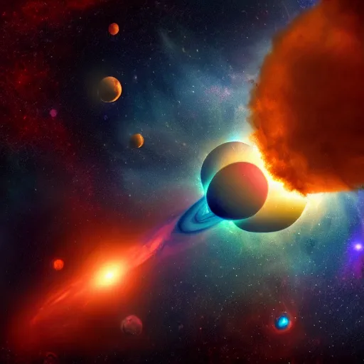 Prompt: a nebula engulfing a solar system with 2 stars orbiting eachother, digital art, trending on artstation