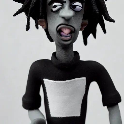 Image similar to a cartoon claymation medium close up sculpture of Playboi Carti, in the style of Tim Burton, black and white, high contrast