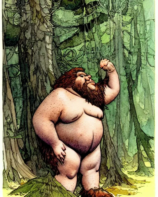 Image similar to a realistic and atmospheric watercolour fantasy character concept art portrait of a short fat bigfoot in the forest. by rebecca guay, michael kaluta, charles vess and jean moebius giraud