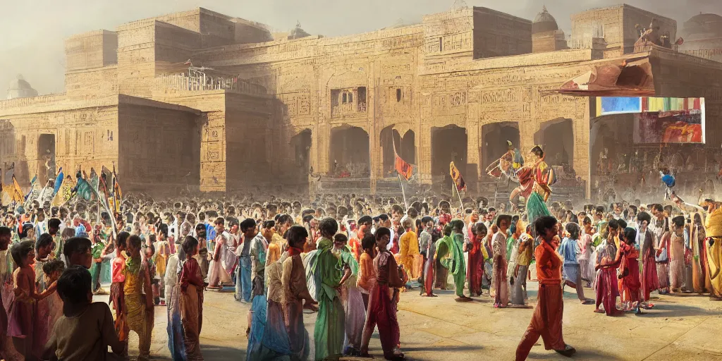 Image similar to cultural activities at a local school in india on independence day, cinematic composition, a fantasy digital painting by greg rutkowski and james gurney, trending on artstation, highly detailed, hyperrealistic, realistic, photorealistic, dynamic lighting, highly detailed, cinematic landscape, studio landscape, studio lighting