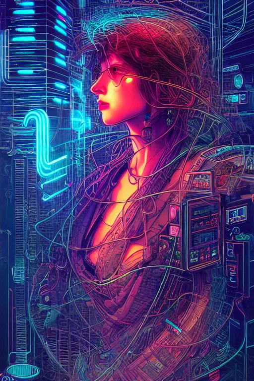 Prompt: dreamy cyberpunk girl, abstract smoke neon, digital nodes, computer network, beautiful woman, detailed acrylic, grunge, intricate complexity, by dan mumford and by mondrian, arthur rackham