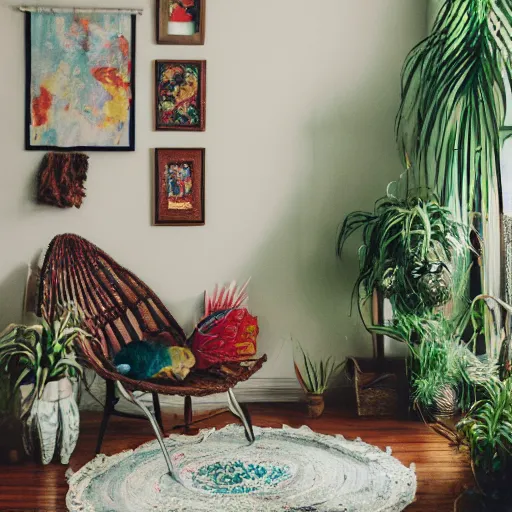 Image similar to 1 9 6 9 living in an older house, hippie pad, hippie chic, antiques, tropical houseplants, beaded curtains, posters on the walls, persian rugs, artstation, octane, 8 k, mildly desaturated.