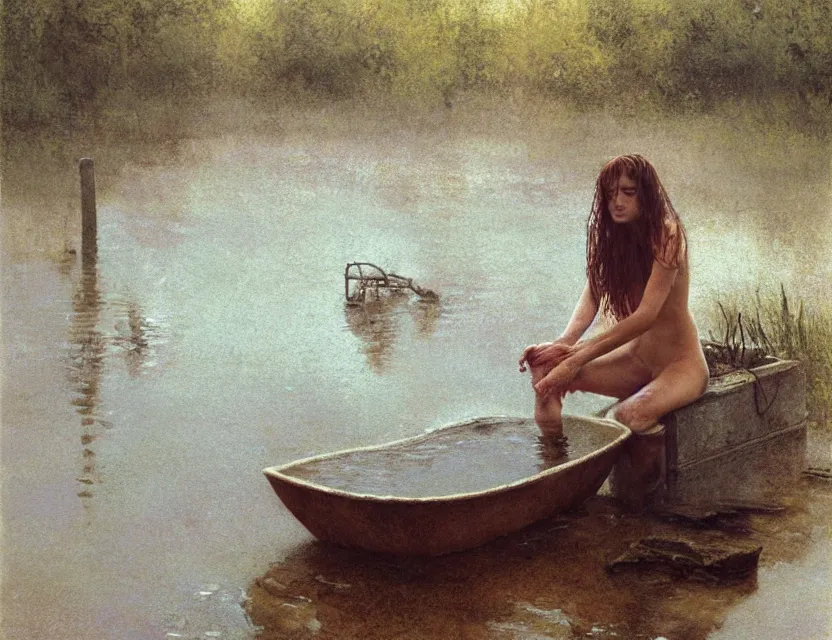 Prompt: peasant with wet hair taking a bath, cottage core, cinematic focus, polaroid photo bleached vintage pastel colors high - key lighting, soft lights, foggy, by steve hanks, by lisa yuskavage, by serov valentin, by tarkovsky, 8 k render, detailed, oil on canvas