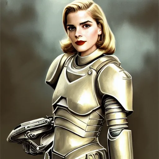 Prompt: A combination of Grace Kelly's and Emma Watson's and Ashley Greene's appearances with blonde hair wearing Master Chief's armor, full body portrait, D&D, fantasy, intricate, elegant, highly detailed, digital painting, artstation, concept art, matte, sharp focus, illustration, art by Donato Giancola and James Gurney