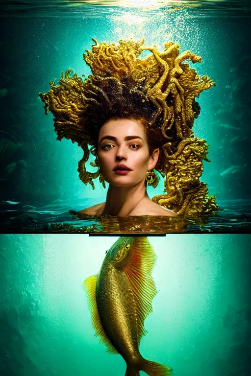 Image similar to hyperrealistic neo - rococo cinematic half underwater scene with fish and algae, very expressive! translucent elegant african goddess getting out of water, gold jewerly, highly detailed face, digital art masterpiece, aykut aydogdu zener, dramatic volumetric light, long shot, low angle uhd 8 k, sharp focus