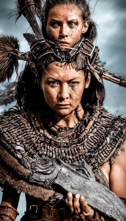 Image similar to sweated ancient princess tribewoman ready to fight, partially destroyed armor inspired monster hunter, low shot camera, muscular, symmetrical face, clean face, subtle make up, debris and arrows flies around her, frozen time effect,dramatic lighting, cinematic, establishing shot, extremely high detail, photorealistic, 300 the movie,monster hunter the movie, dune the movie, cinematic lighting, artstation, octane render, western,old photo, vintage