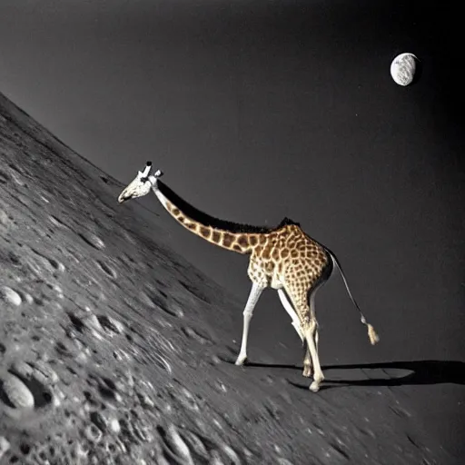 Prompt: photo of giraffe on the moon in space helmet