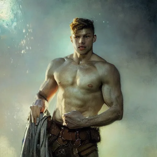 Prompt: handsome portrait of a young guy fitness posing, war hero, studying, radiant light, caustics, reflective water, by gaston bussiere, bayard wu, greg rutkowski, giger, maxim verehin