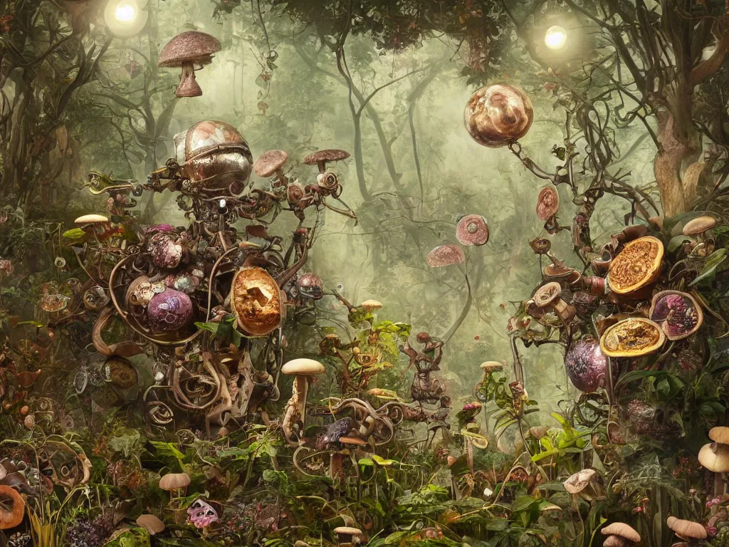 Image similar to victorian robot with mushrooms growing in a spheroid forest, 3d render, nightlight Study, by Jan Davidsz de Heem and Lisa Frank, Art Nouveau, 8k, extreme detail, sharp focus, octane render